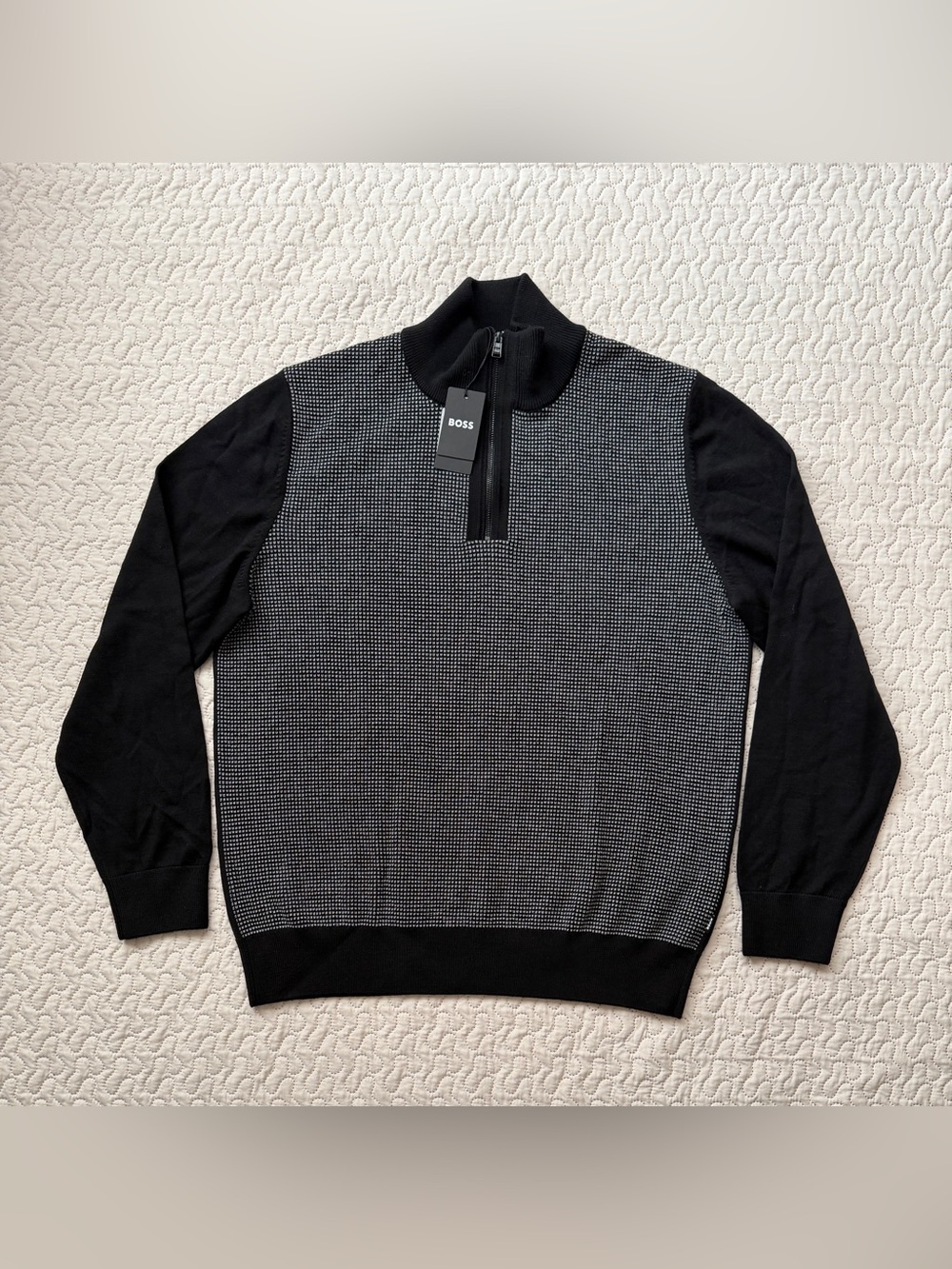 BOSS Hugo Boss Men’s XL Black Gray Knit Quarter Zip Mock Neck Sweater NWT $228